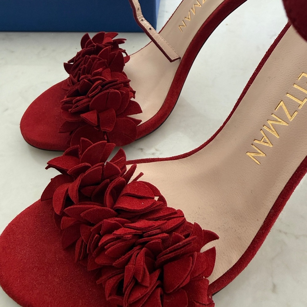 Stuart Weitzman Red Floral Suede Ankle-Strap Heels - Picture 2 of 4